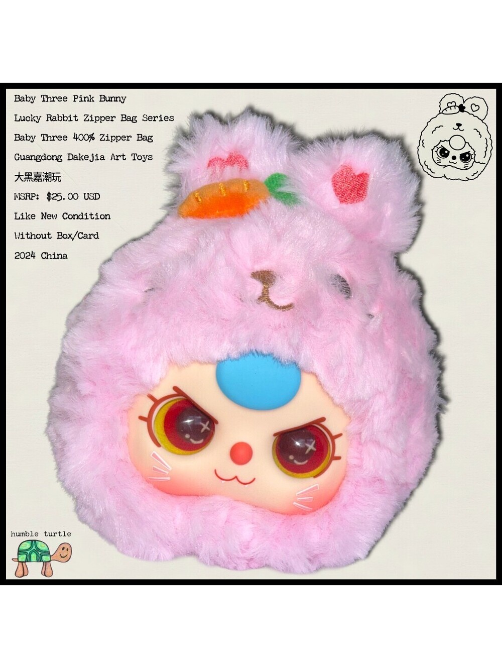 Baby Three Pink Bunny Lucky Rabbit Zipper Bag Plush Toy